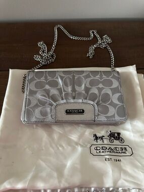 Coach Silver Signature Crossbody Wallet with Chain Strap